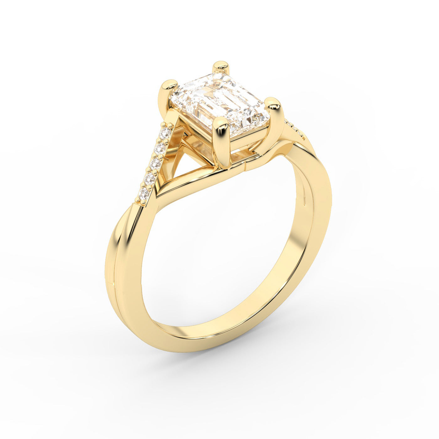 Emerald Cut Lab Grown Diamond Side Stone Engagement Ring in Yellow Gold