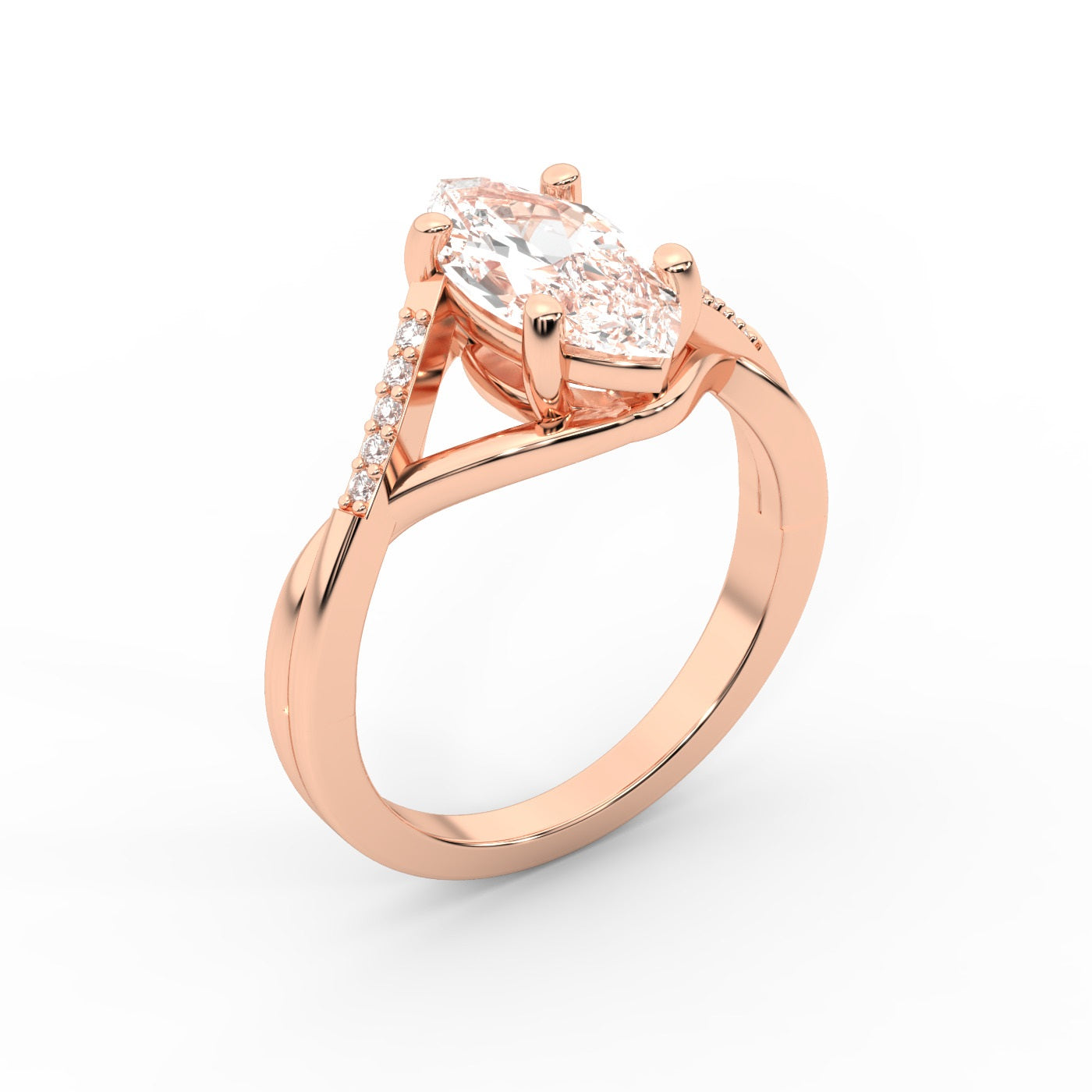 Marquise Cut Lab Grown Diamond Side Stone Twist Engagement Ring in Rose Gold