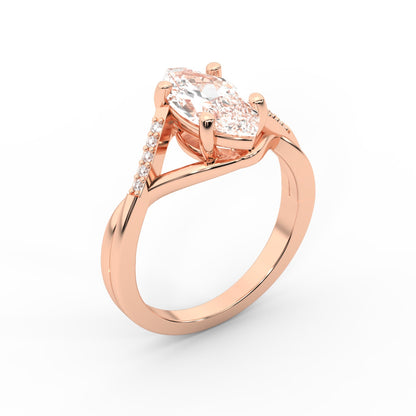 Marquise Cut Lab Grown Diamond Side Stone Twist Engagement Ring in Rose Gold
