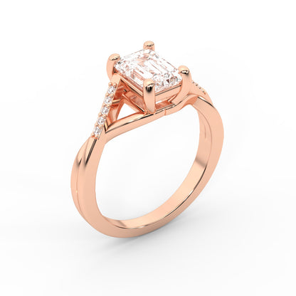 Emerald Cut Lab Grown Diamond Side Stone Engagement Ring in Rose Gold
