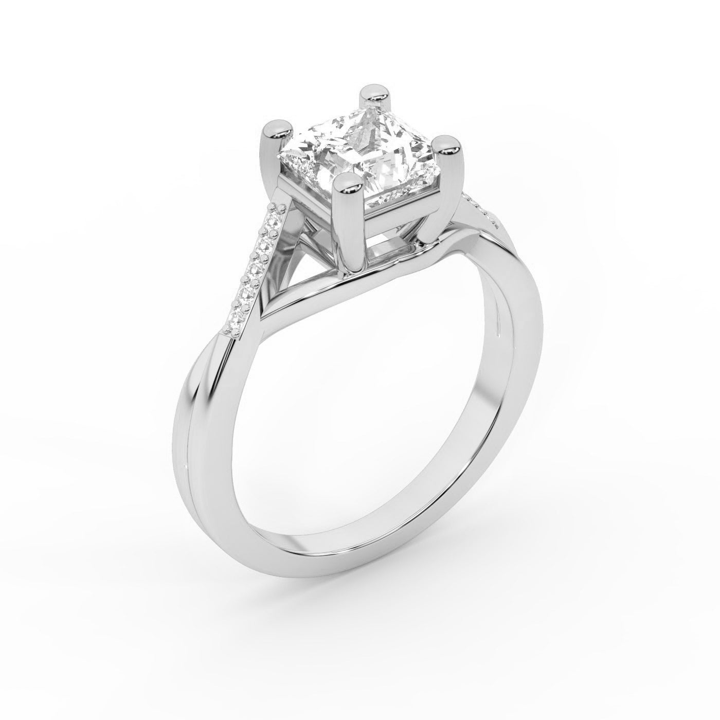 Princess Cut Lab Grown Diamond Engagement Ring with Twisted Pavé Band in Silver