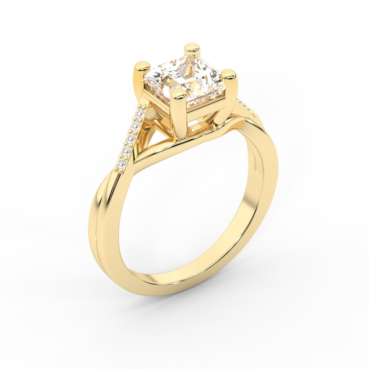Princess Cut Lab Grown Diamond Engagement Ring with Twisted Pavé Band in Yellow Gold