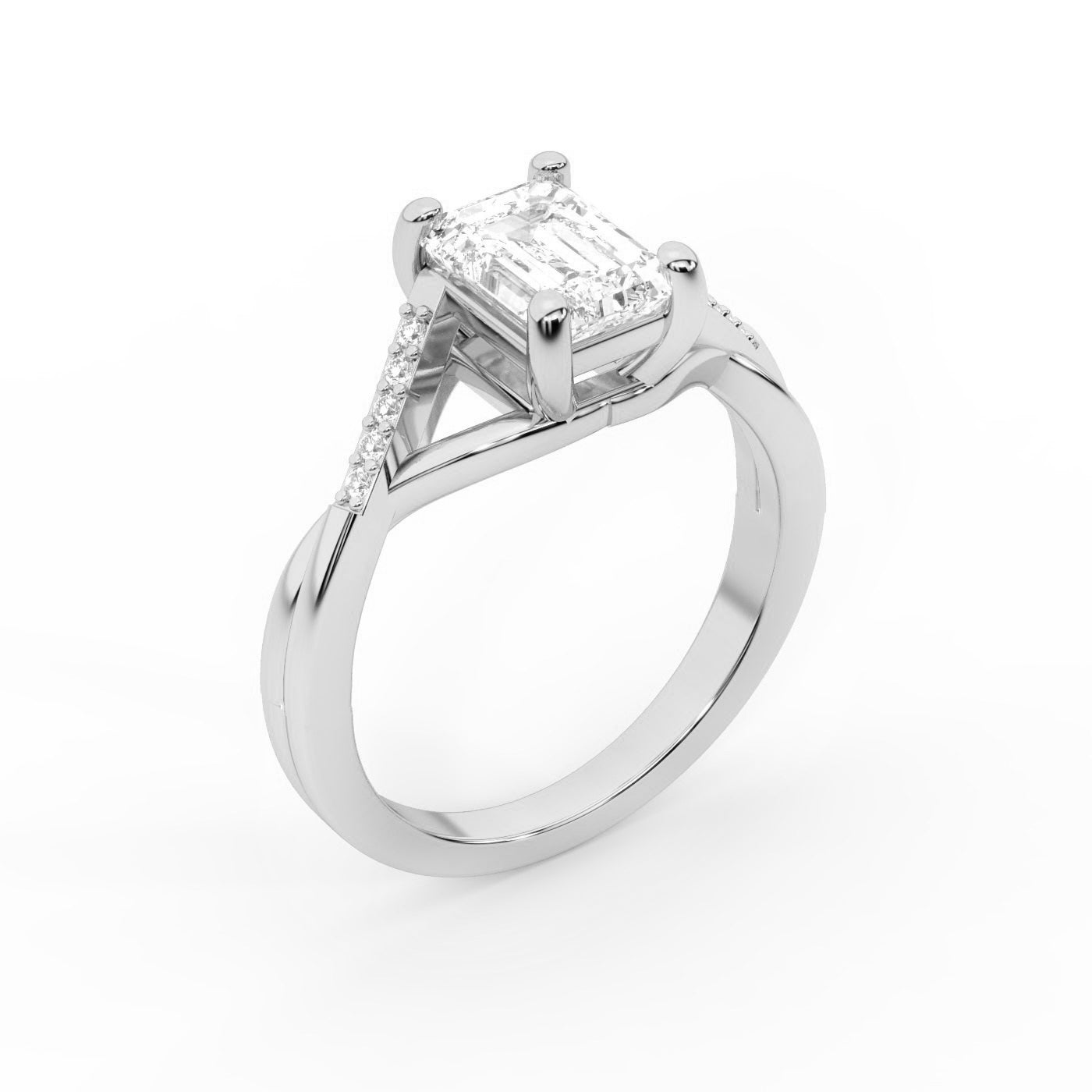 Emerald Cut Lab Grown Diamond Engagement Ring with Pave Side Stones in White Gold