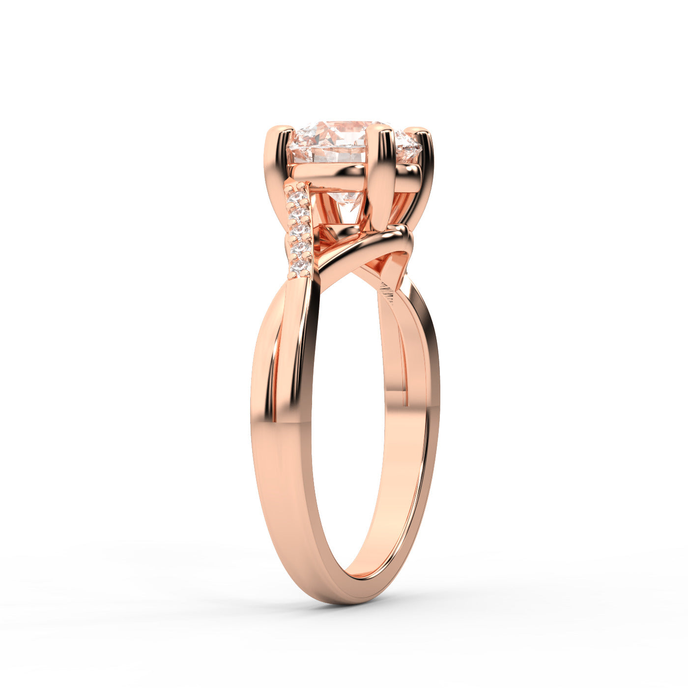 Round Cut Lab Grown Diamond Engagement Ring with Twisted Shank in Rose Gold