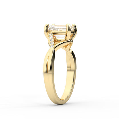 Emerald Cut Lab Grown Diamond Side Stone Engagement Ring in Yellow Gold