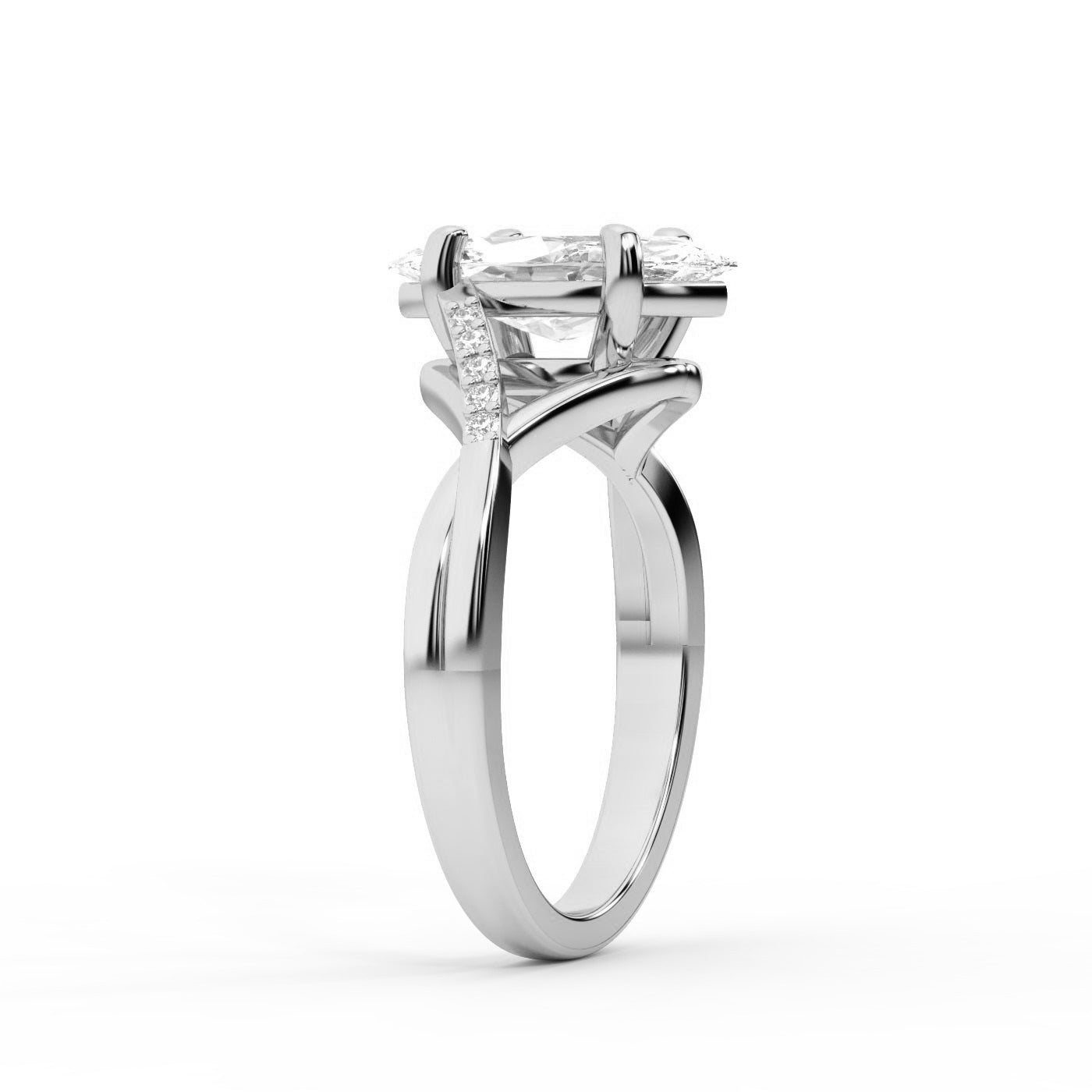 Marquise Cut Lab Grown Diamond Side Stone Twist Engagement Ring in White Gold