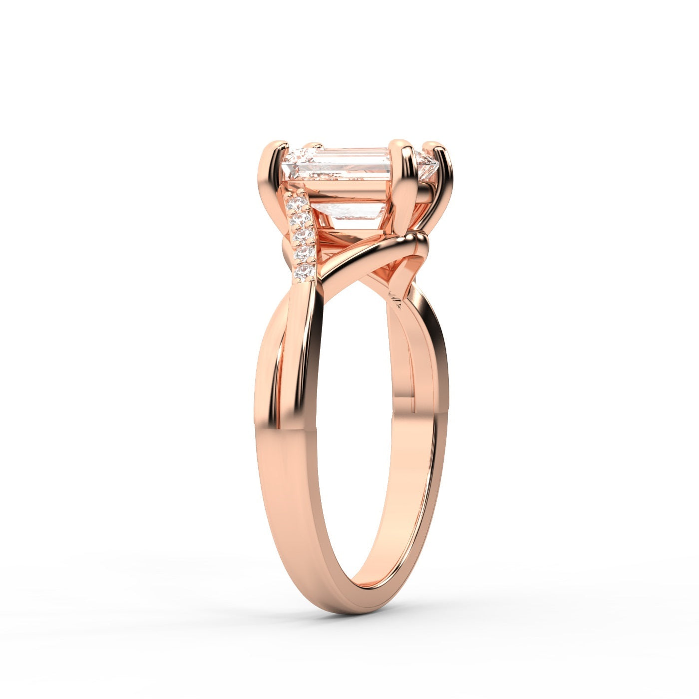 Emerald Cut Lab Grown Diamond Side Stone Engagement Ring in Rose Gold