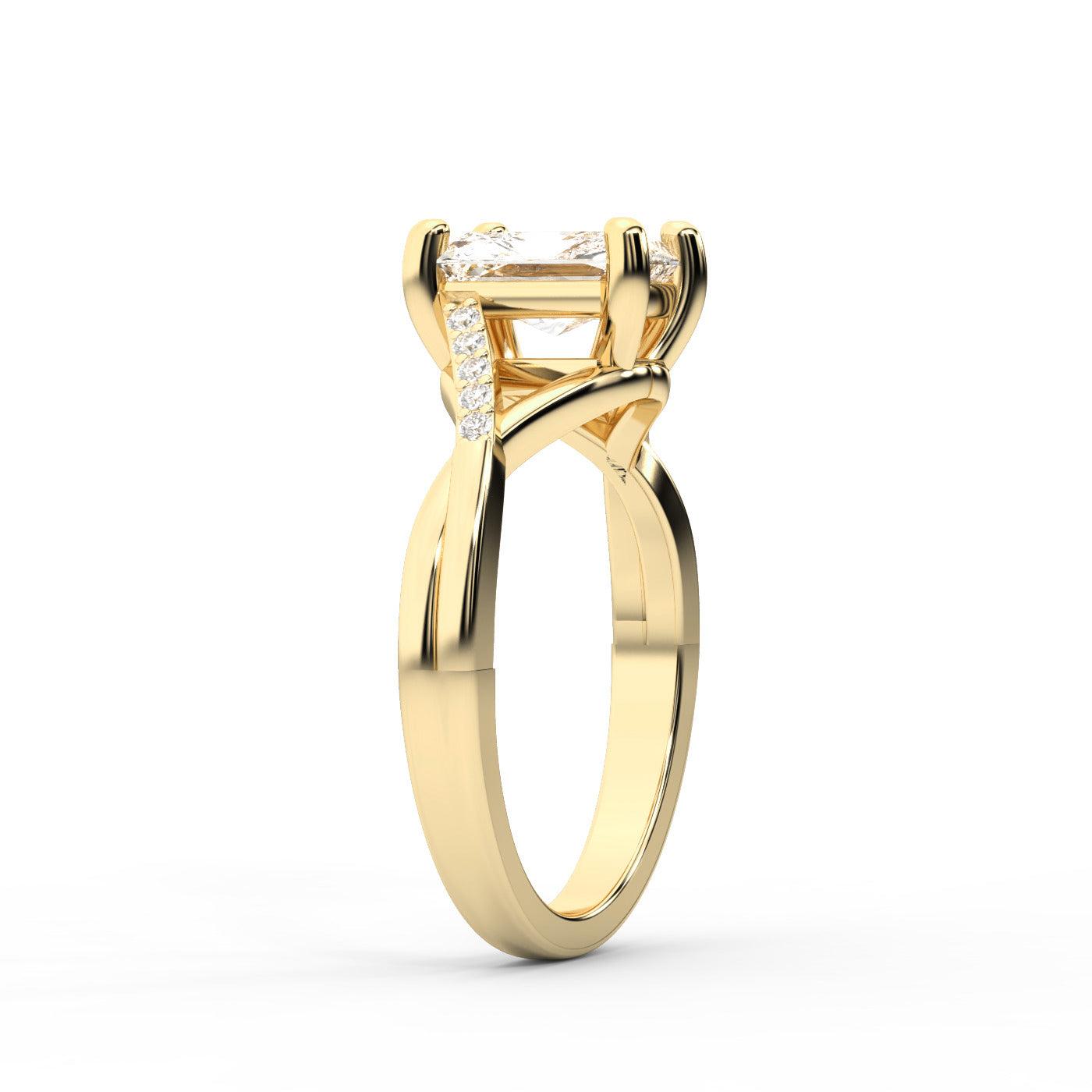 Radiant Cut Lab Grown Diamond Engagement Ring with Twisted Pavé Band in Yellow Gold