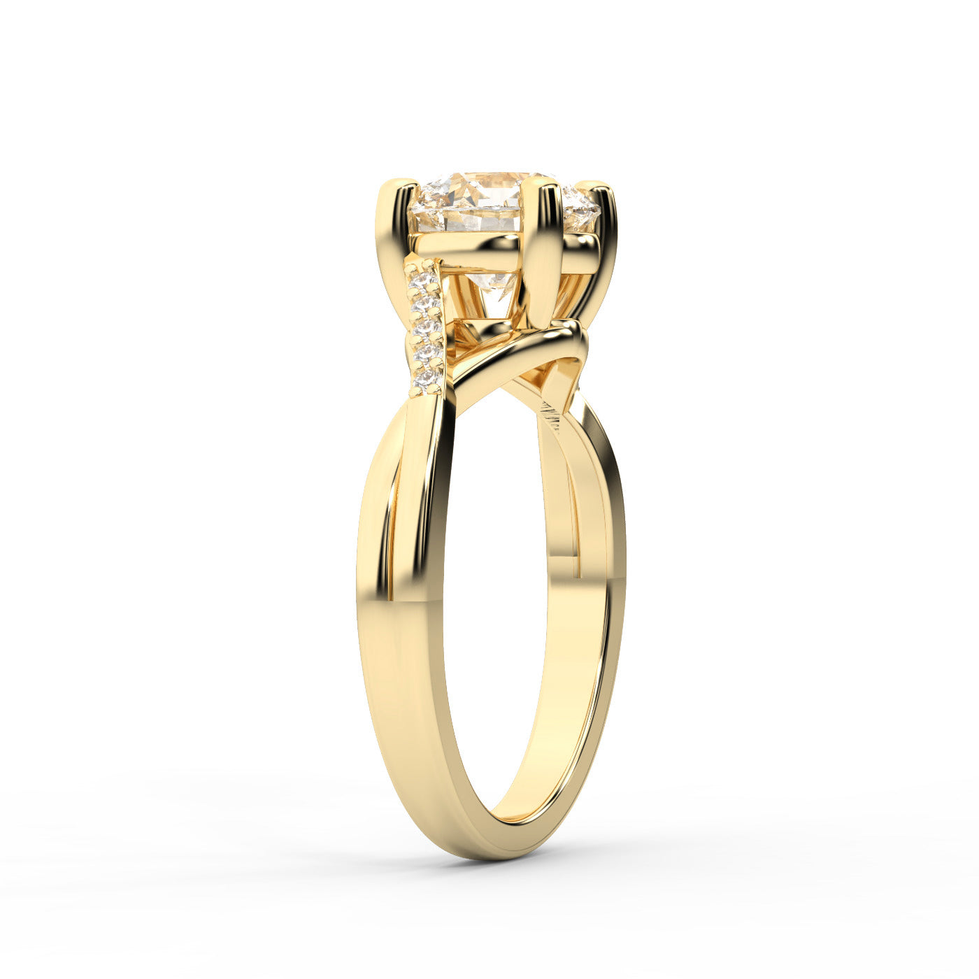 Round Cut Lab Grown Diamond Engagement Ring with Twisted Shank in Yellow Gold