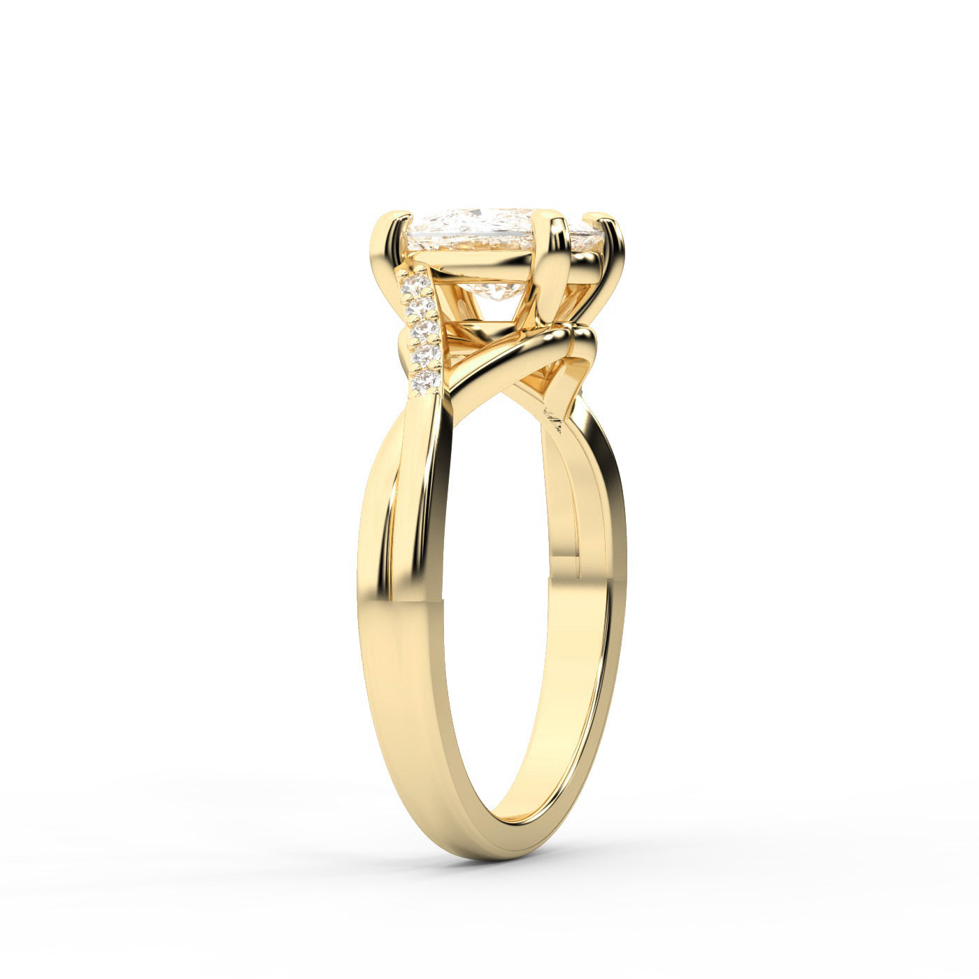 Cushion Cut Lab Grown Diamond Engagement Ring with Twisted Shank in Yellow Gold