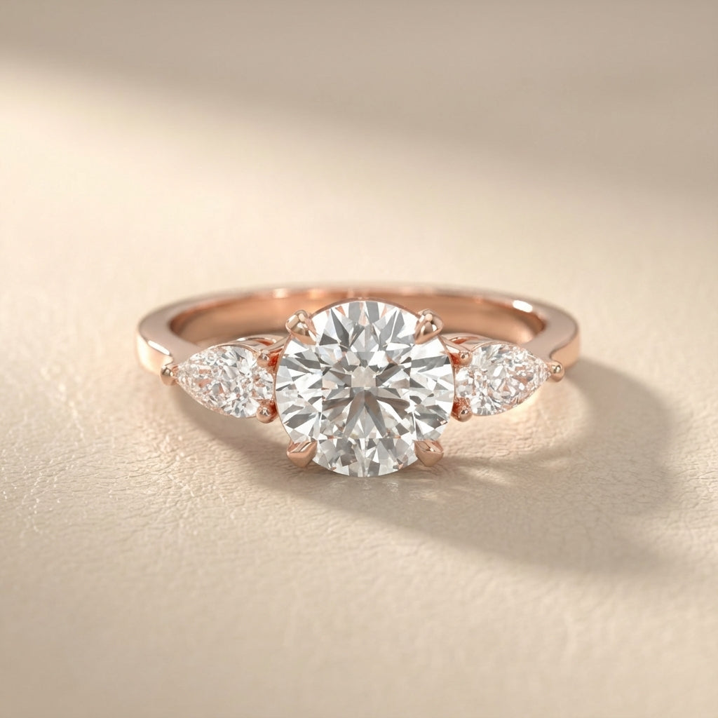 Round cut lab grown diamond three stone engagement ring in rose gold setting