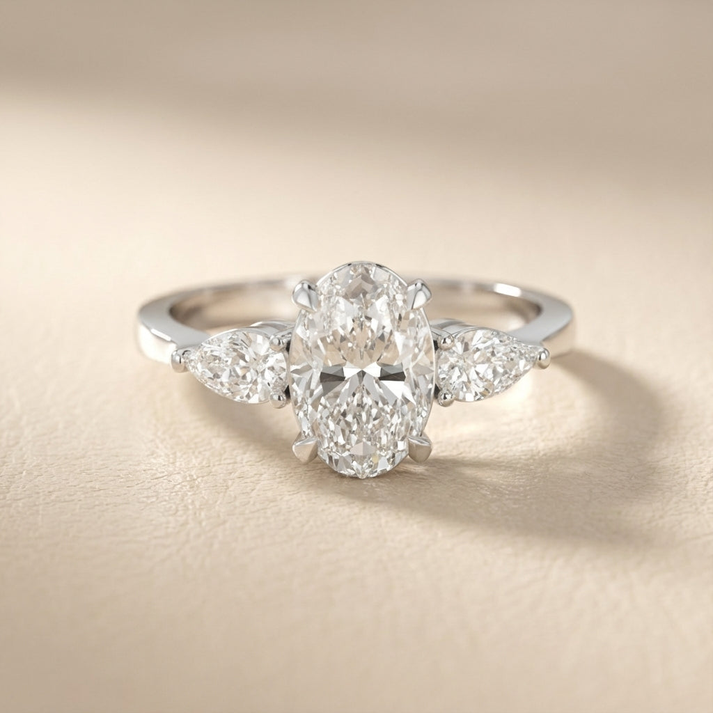 Oval Cut Lab Grown Diamond Three Stone Engagement Ring in Silver