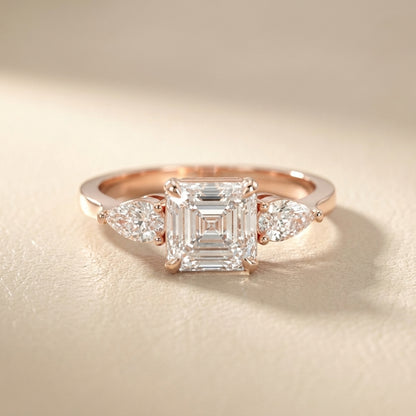 Asscher Cut Lab Grown Diamond Three Stone Engagement Ring in Rose Gold setting