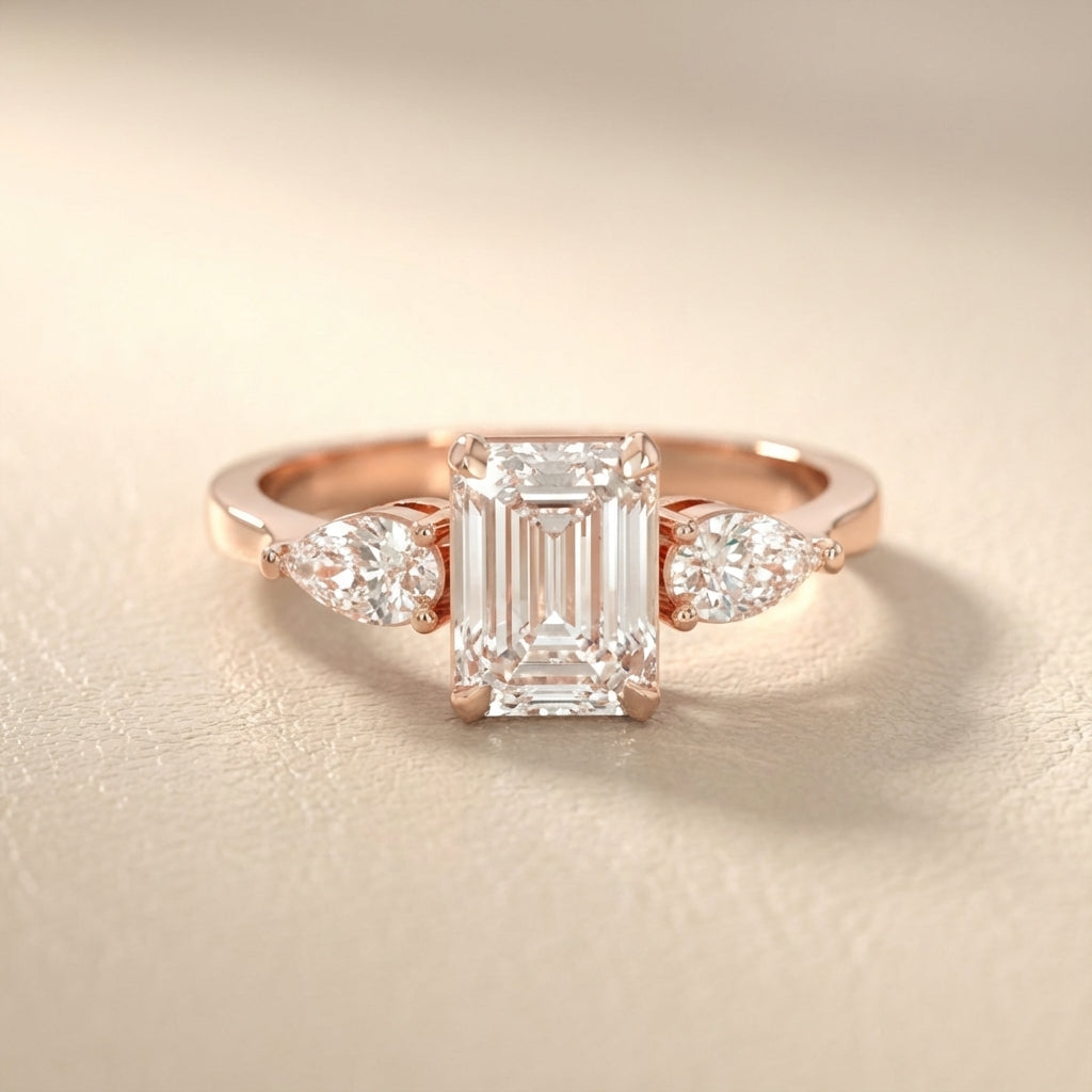Grace Three Stone Emerald Cut Lab Grown Diamond Engagement Ring set in Rose Gold