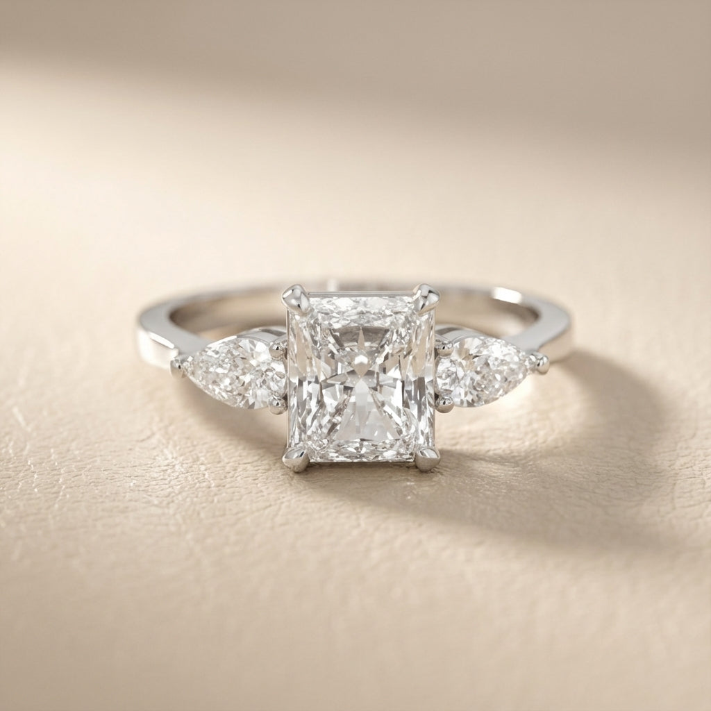 Radiant Cut Lab Grown Diamond Three Stone Engagement Ring in Silver