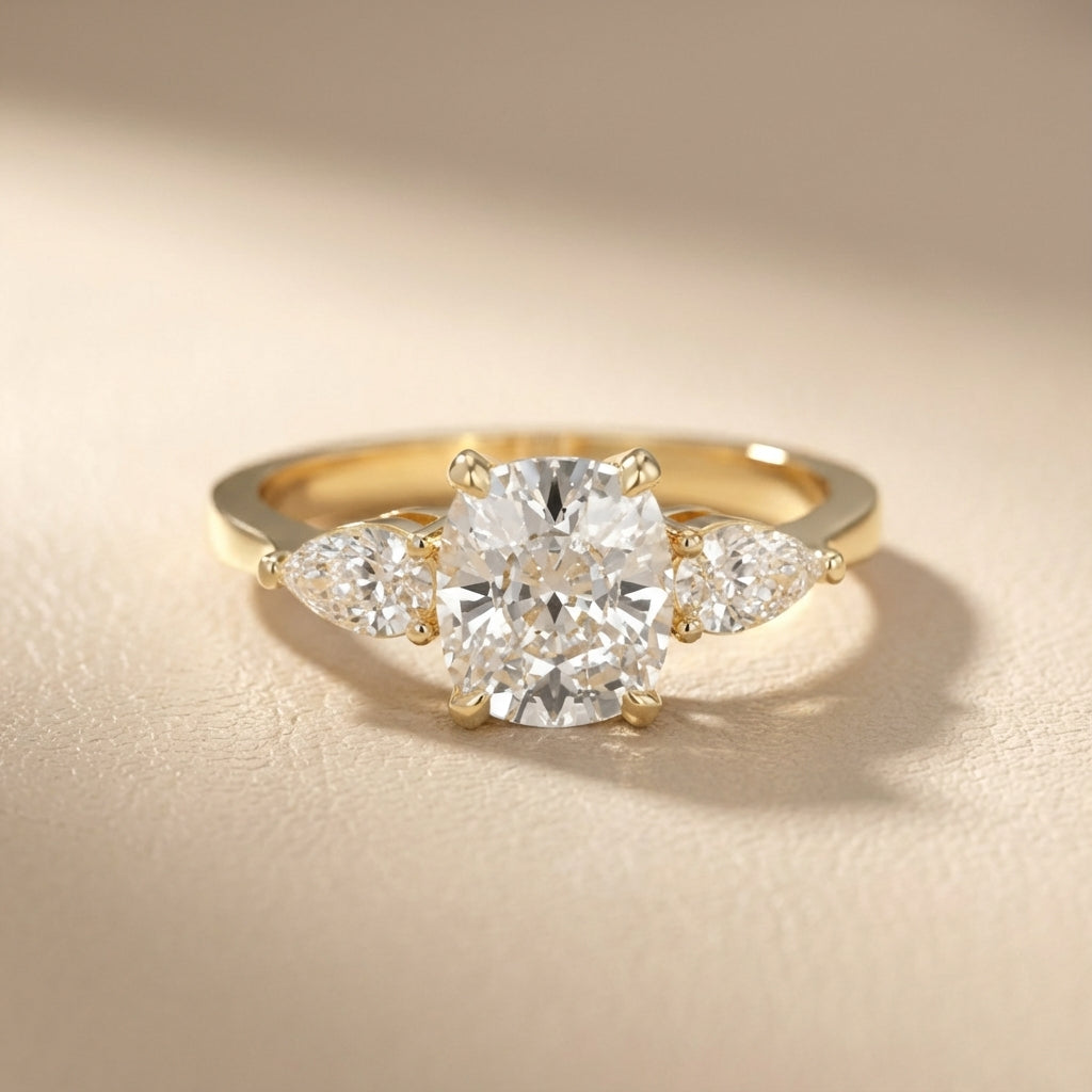 Grace Three Stone Cushion Cut Lab Grown Diamond Engagement Ring in Yellow Gold setting