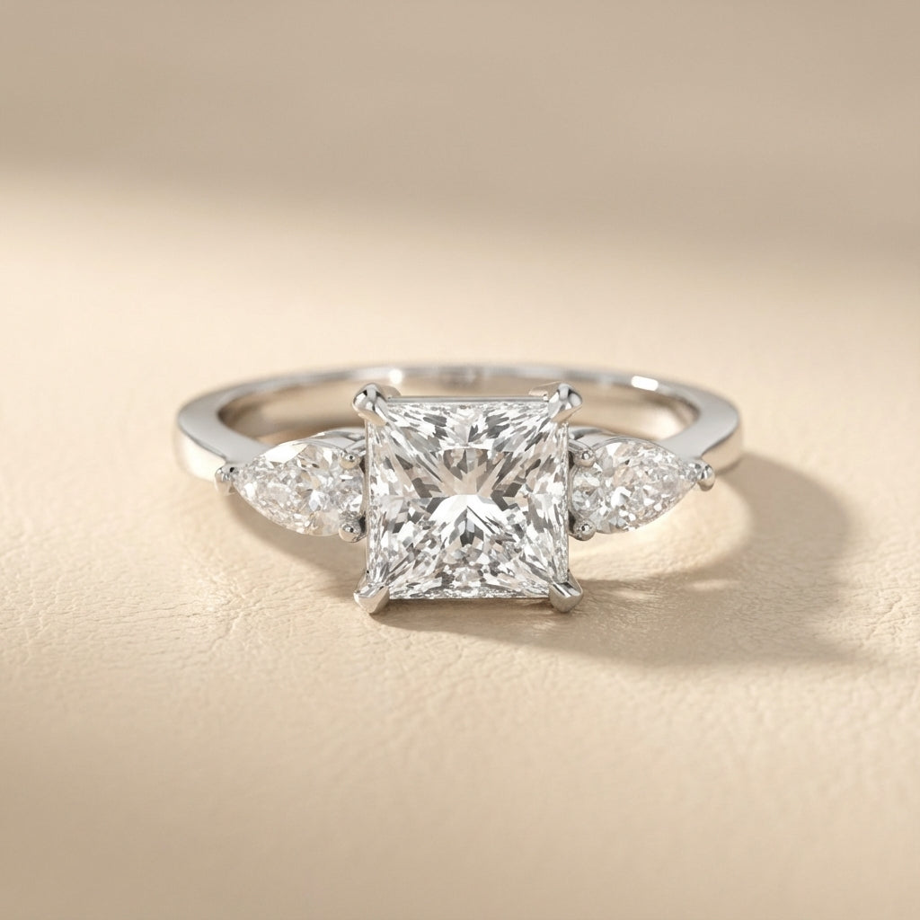 Princess Cut Lab Grown Diamond Three Stone Engagement Ring in Silver with pear side stones