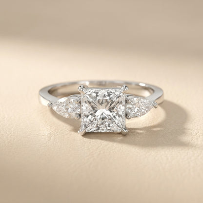 Princess Cut Lab Grown Diamond Three Stone Engagement Ring in Silver with pear side stones