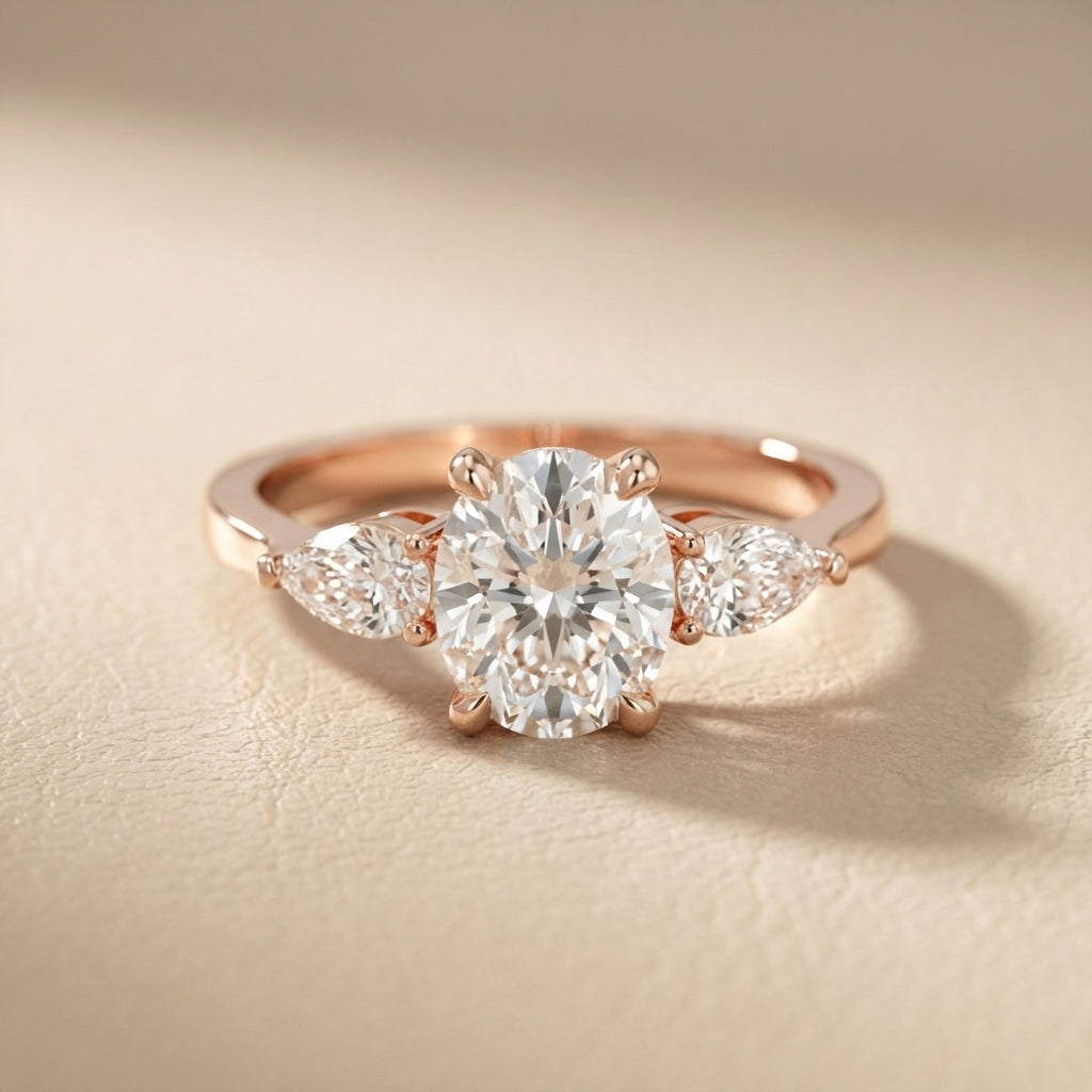 Grace Three Stone Cushion Cut Lab Grown Diamond Engagement Ring in Rose Gold setting