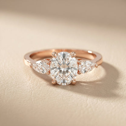 Grace Three Stone Cushion Cut Lab Grown Diamond Engagement Ring in Rose Gold setting