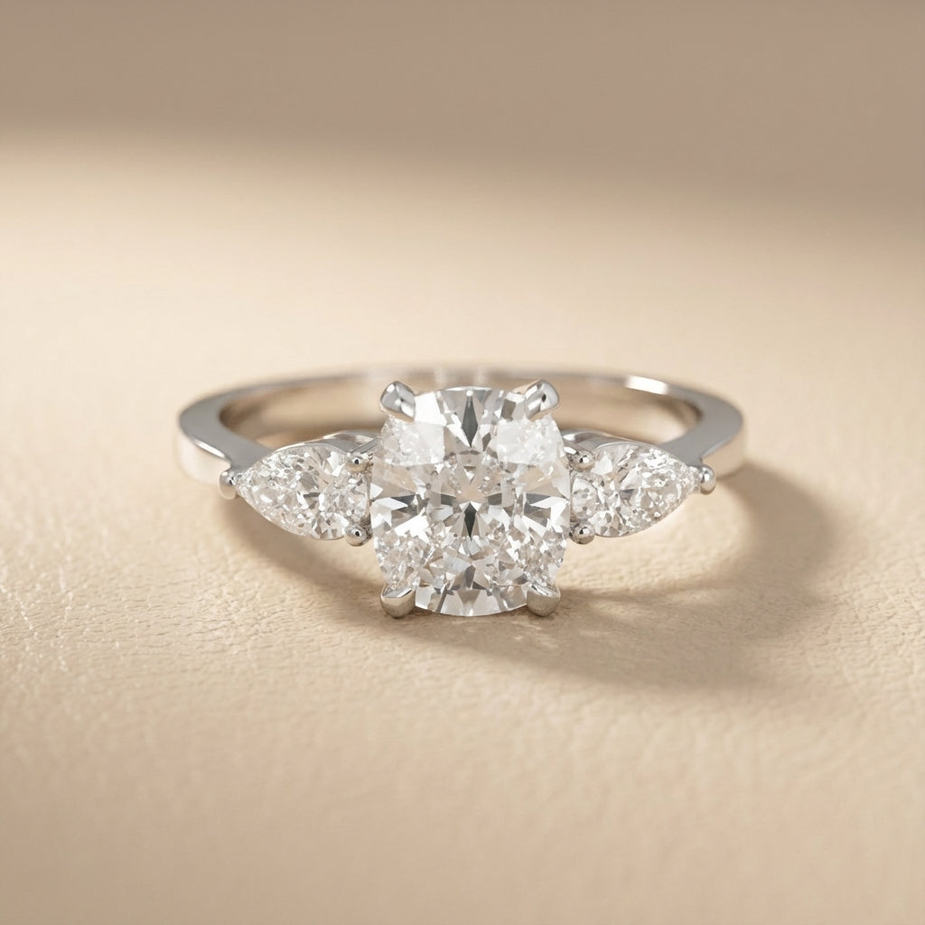 Grace Three Stone Cushion Cut Lab Grown Diamond Engagement Ring in White Gold setting