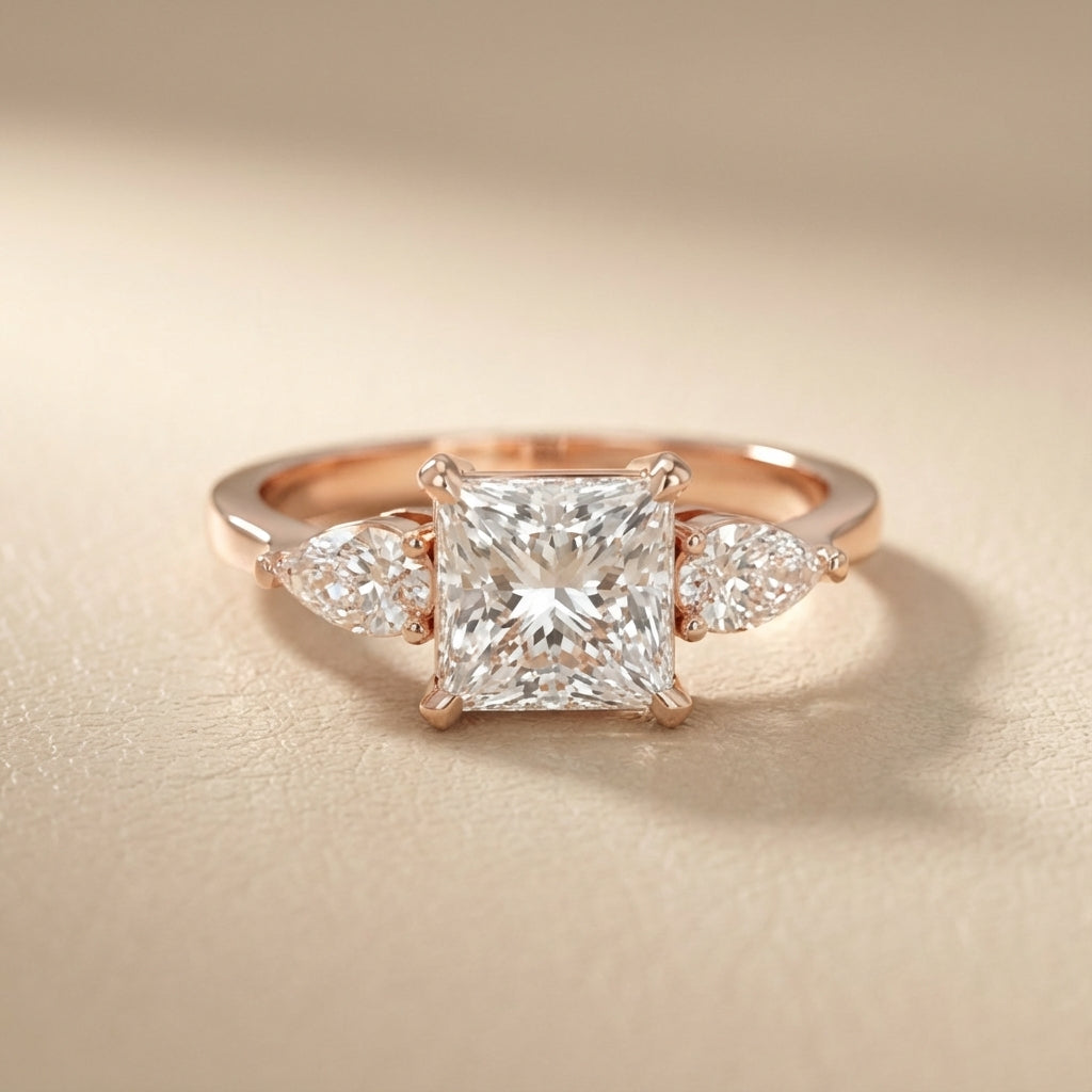 Princess Cut Lab Grown Diamond Three Stone Engagement Ring in Rose Gold with pear side stones