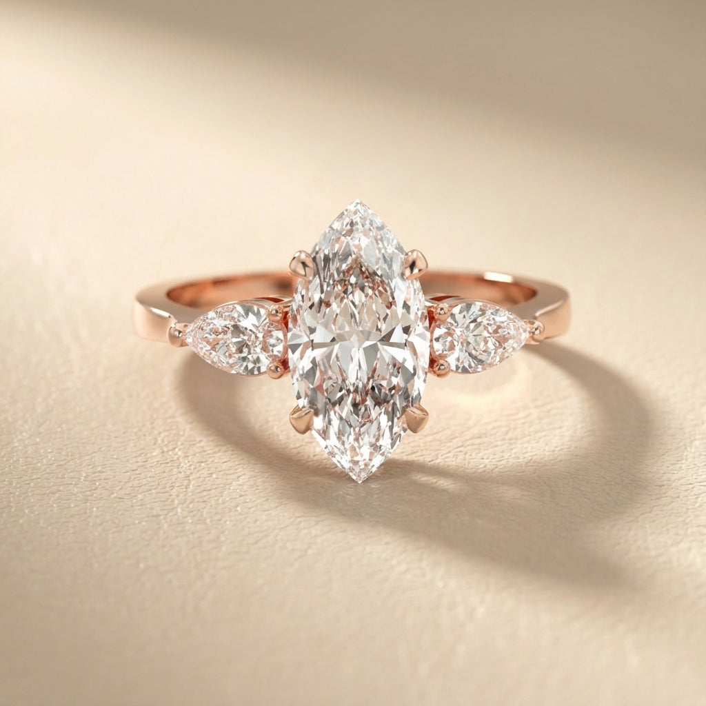 Grace Three Stone Marquise Cut Lab Grown Diamond Engagement Ring in Rose Gold