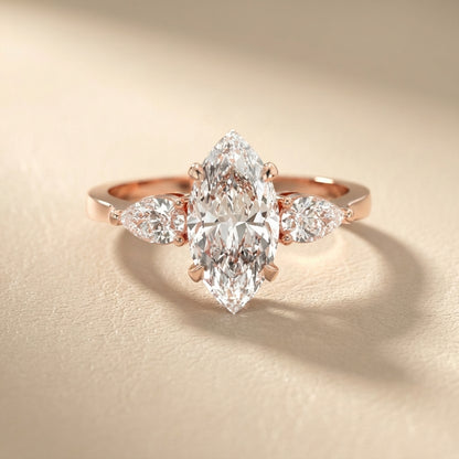 Grace Three Stone Marquise Cut Lab Grown Diamond Engagement Ring in Rose Gold