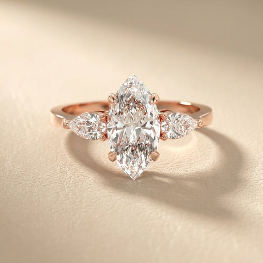 Grace Three Stone Marquise Cut Lab Grown Diamond Engagement Ring in Rose Gold