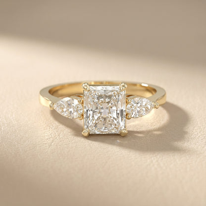 Radiant Cut Lab Grown Diamond Three Stone Engagement Ring in Yellow Gold