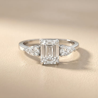 Grace Three Stone Emerald Cut Lab Grown Diamond Engagement Ring set in Platinum