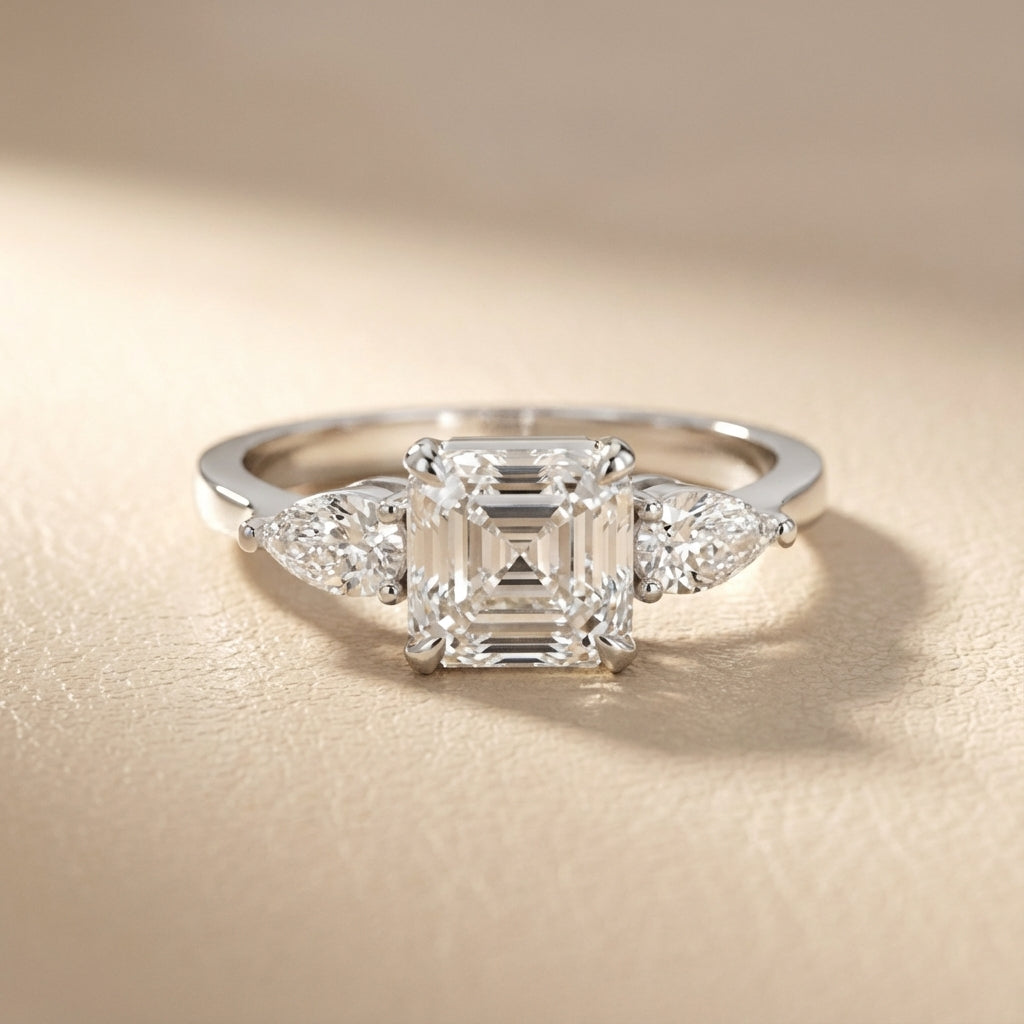 Asscher Cut Lab Grown Diamond Three Stone Engagement Ring in White Gold setting
