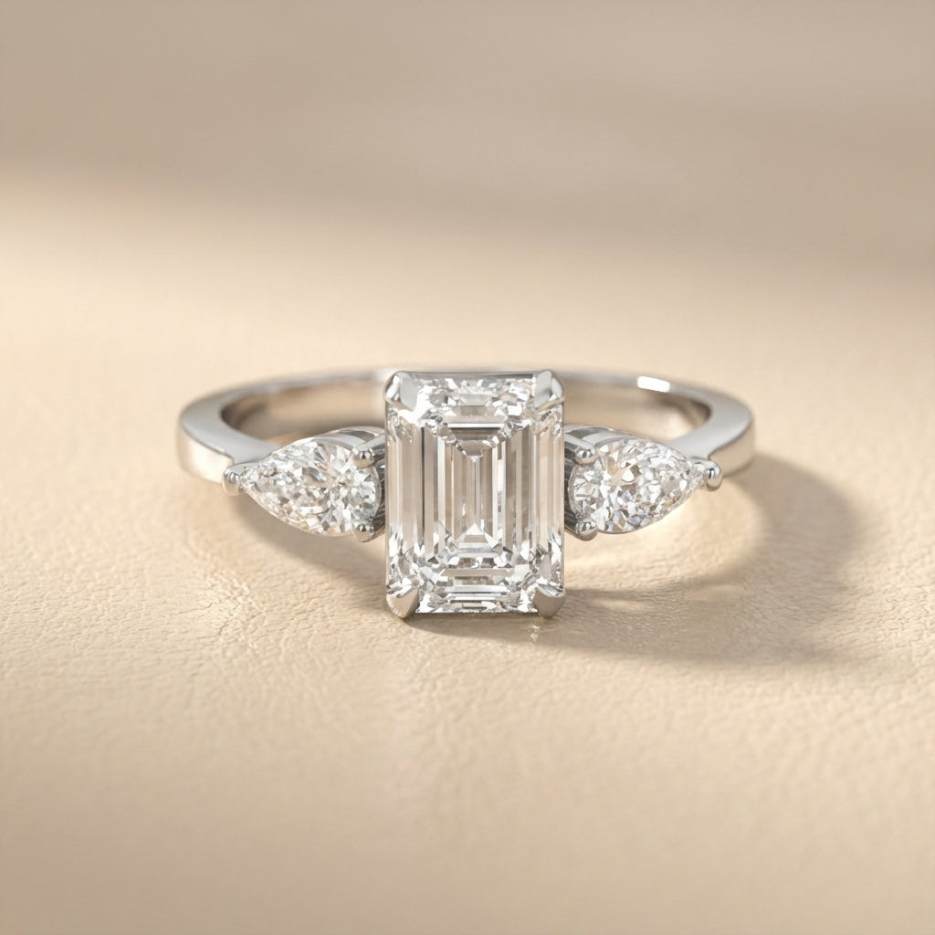 Grace Three Stone Emerald Cut Lab Grown Diamond Engagement Ring set in Silver