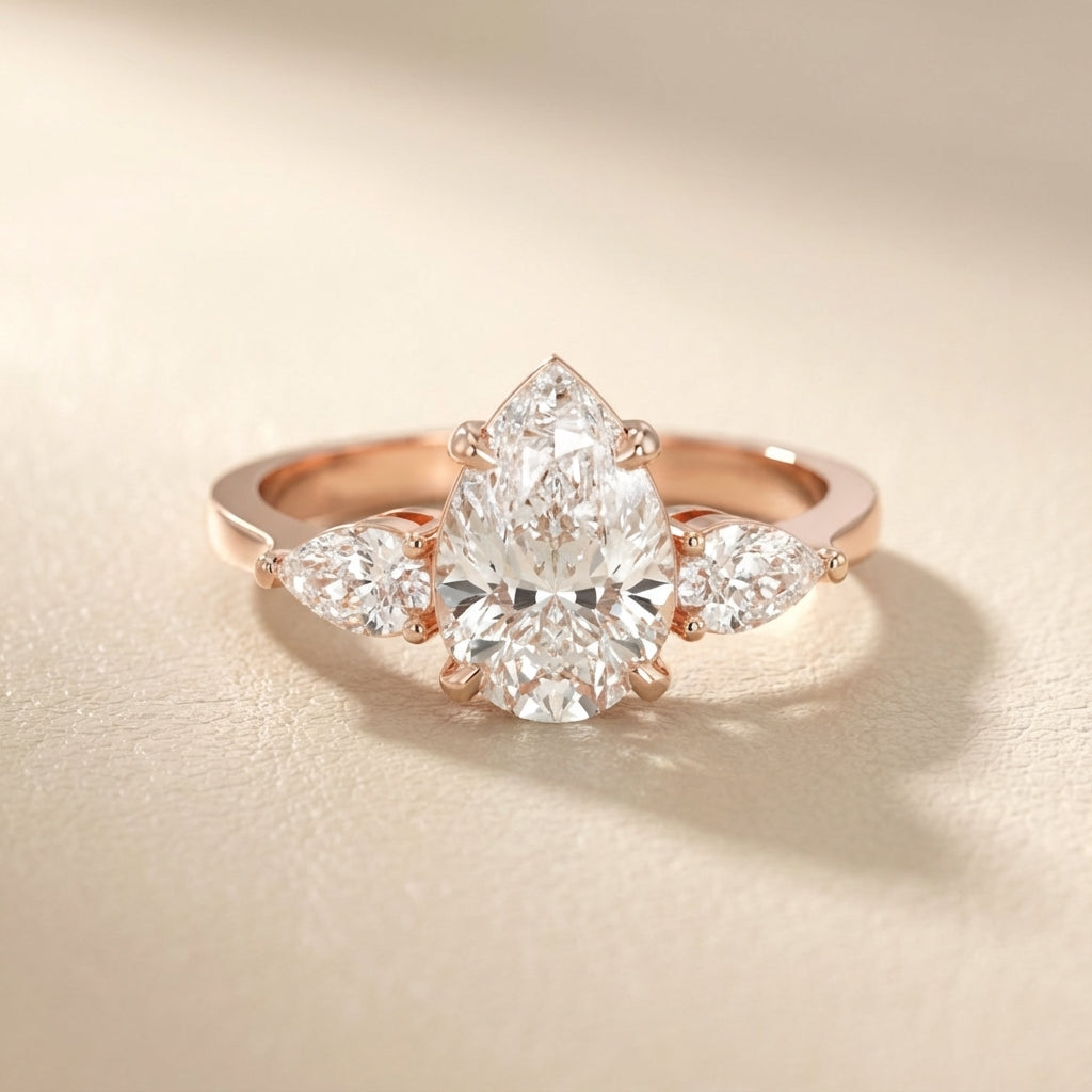 Pear Cut Lab Grown Diamond Three Stone Engagement Ring in Rose Gold