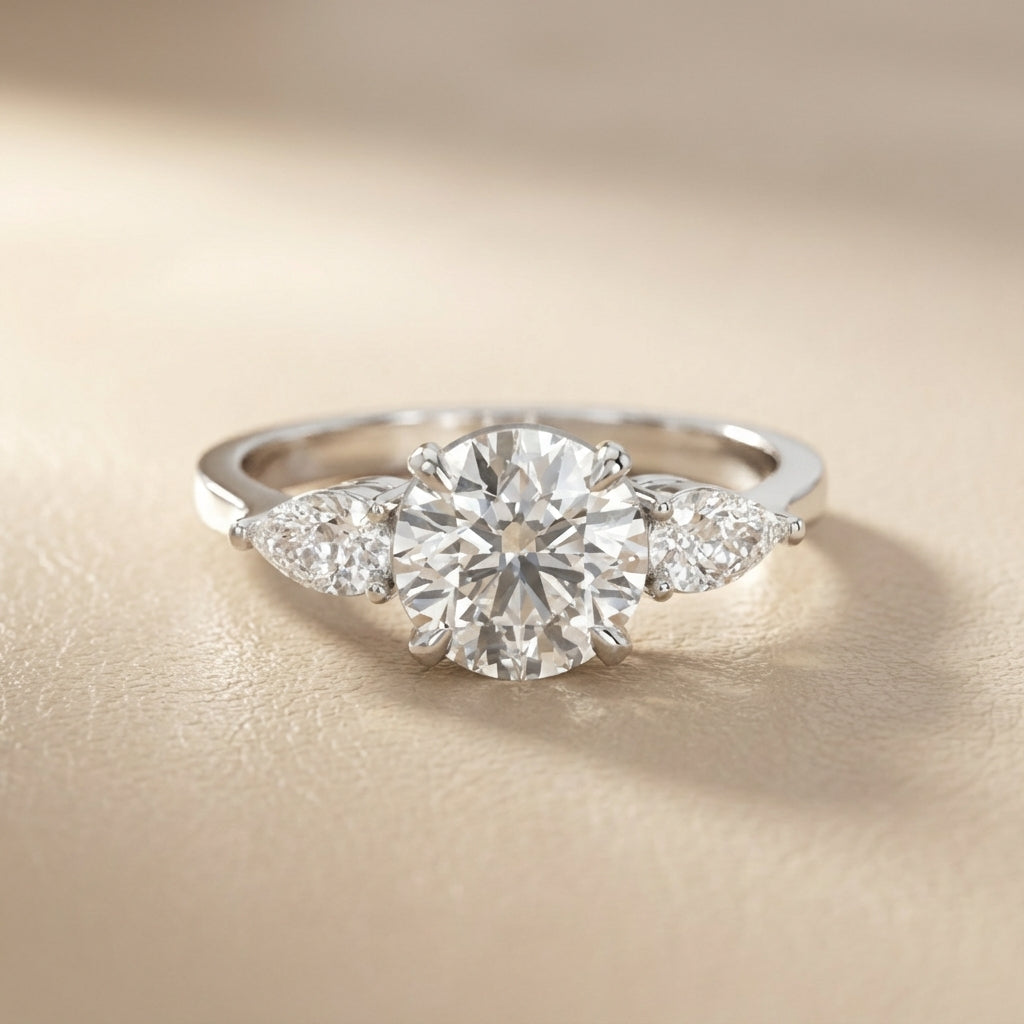 Round cut lab grown diamond three stone engagement ring in white gold setting