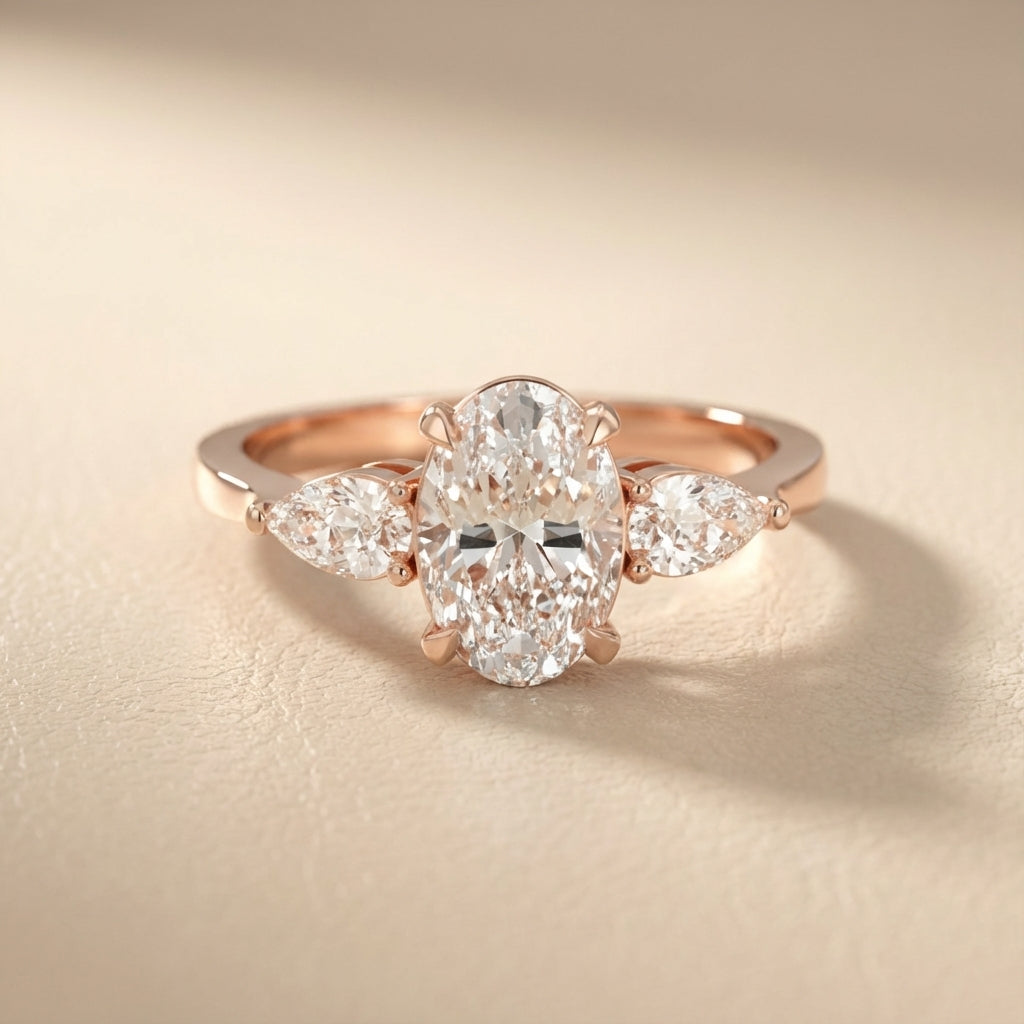 Oval Cut Lab Grown Diamond Three Stone Engagement Ring in Rose Gold setting