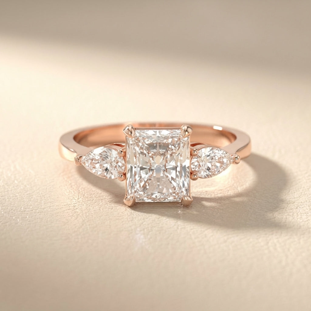 Radiant Cut Lab Grown Diamond Three Stone Engagement Ring in Rose Gold