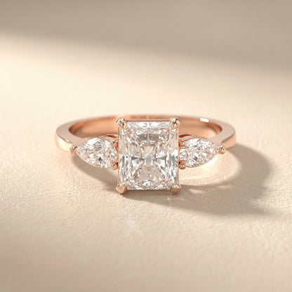 Radiant Cut Lab Grown Diamond Three Stone Engagement Ring in Rose Gold