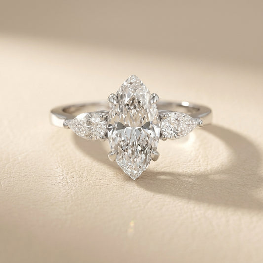 Grace Three Stone Marquise Cut Lab Grown Diamond Engagement Ring in White Gold