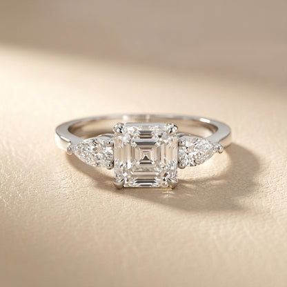 Asscher Cut Lab Grown Diamond Three Stone Engagement Ring in Silver setting