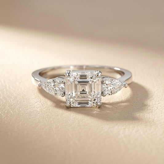 Asscher Cut Lab Grown Diamond Three Stone Engagement Ring in Silver setting