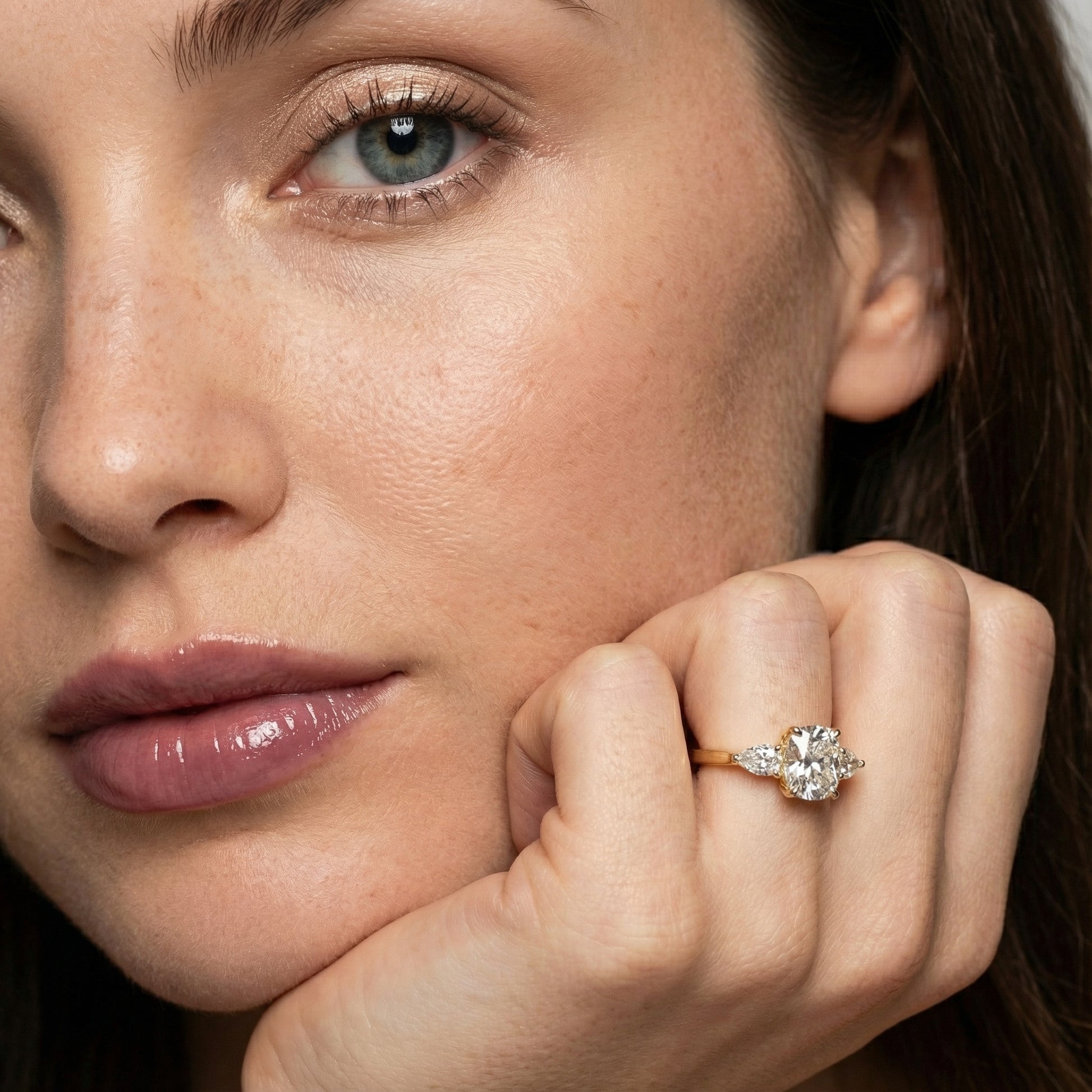 Grace Three Stone Cushion Cut Lab Grown Diamond Engagement Ring in Yellow Gold setting