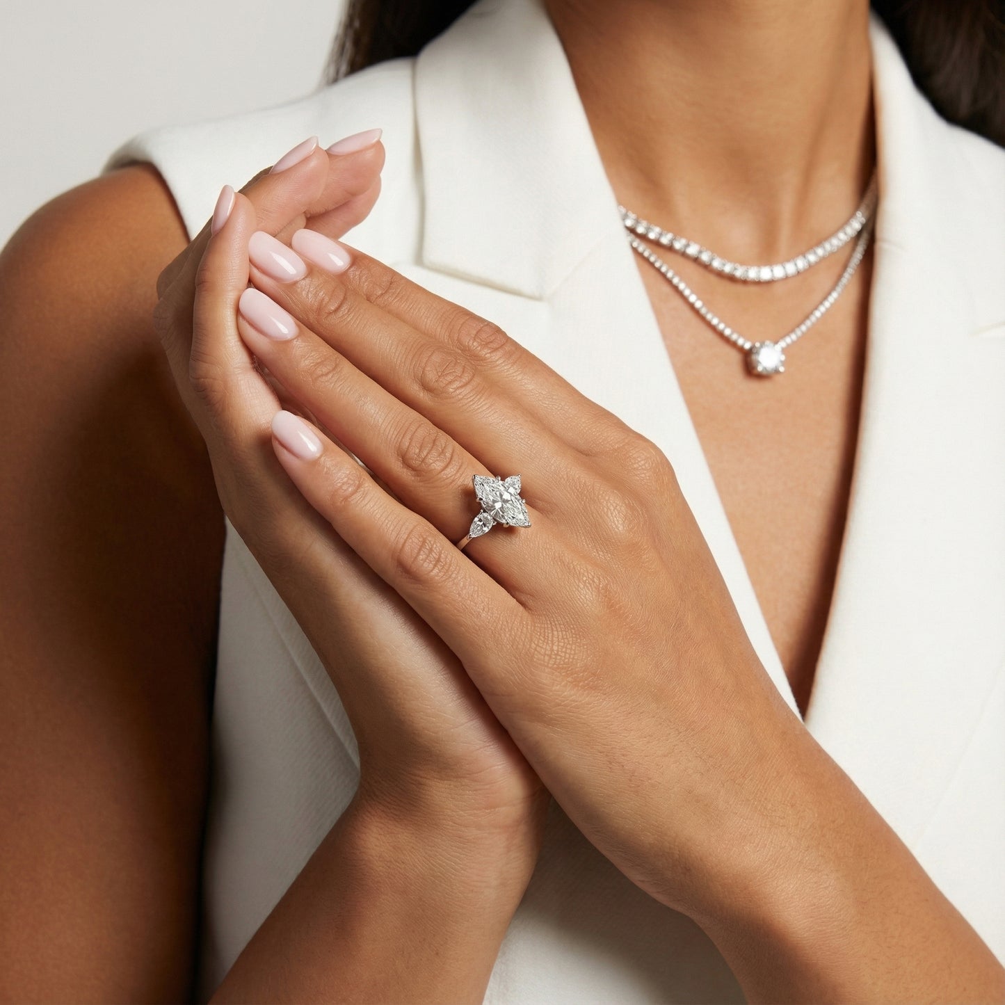 Grace Three Stone Marquise Cut Lab Grown Diamond Engagement Ring in Platinum