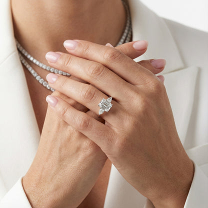 Asscher Cut Lab Grown Diamond Three Stone Engagement Ring in Platinum setting