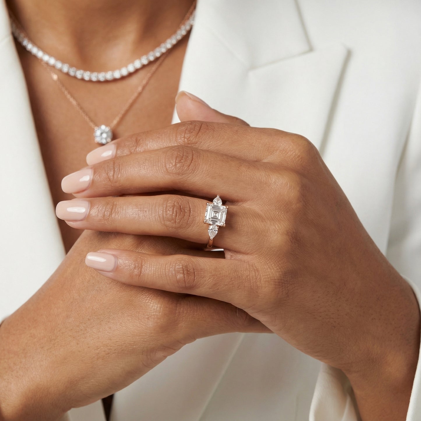 Asscher Cut Lab Grown Diamond Three Stone Engagement Ring in Rose Gold setting