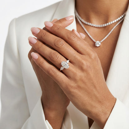 Oval Cut Lab Grown Diamond Three Stone Engagement Ring in Rose Gold setting