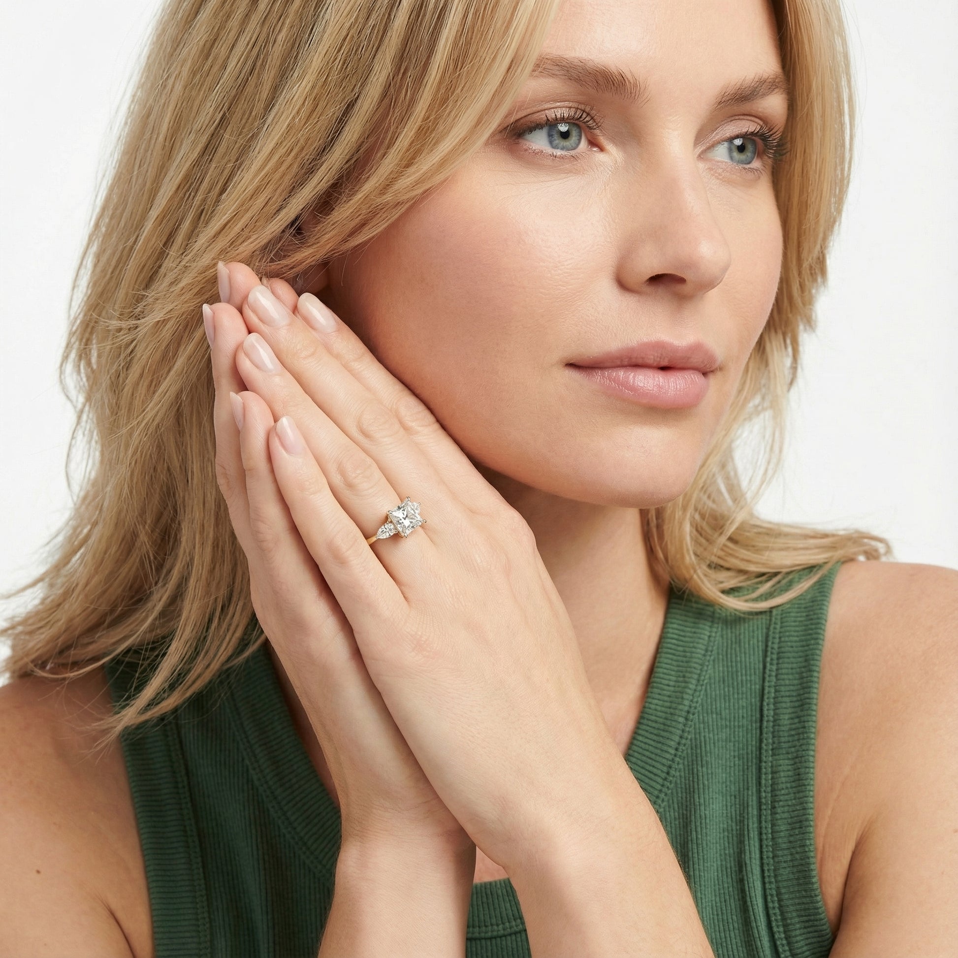 Princess Cut Lab Grown Diamond Three Stone Engagement Ring in Yellow Gold with pear side stones