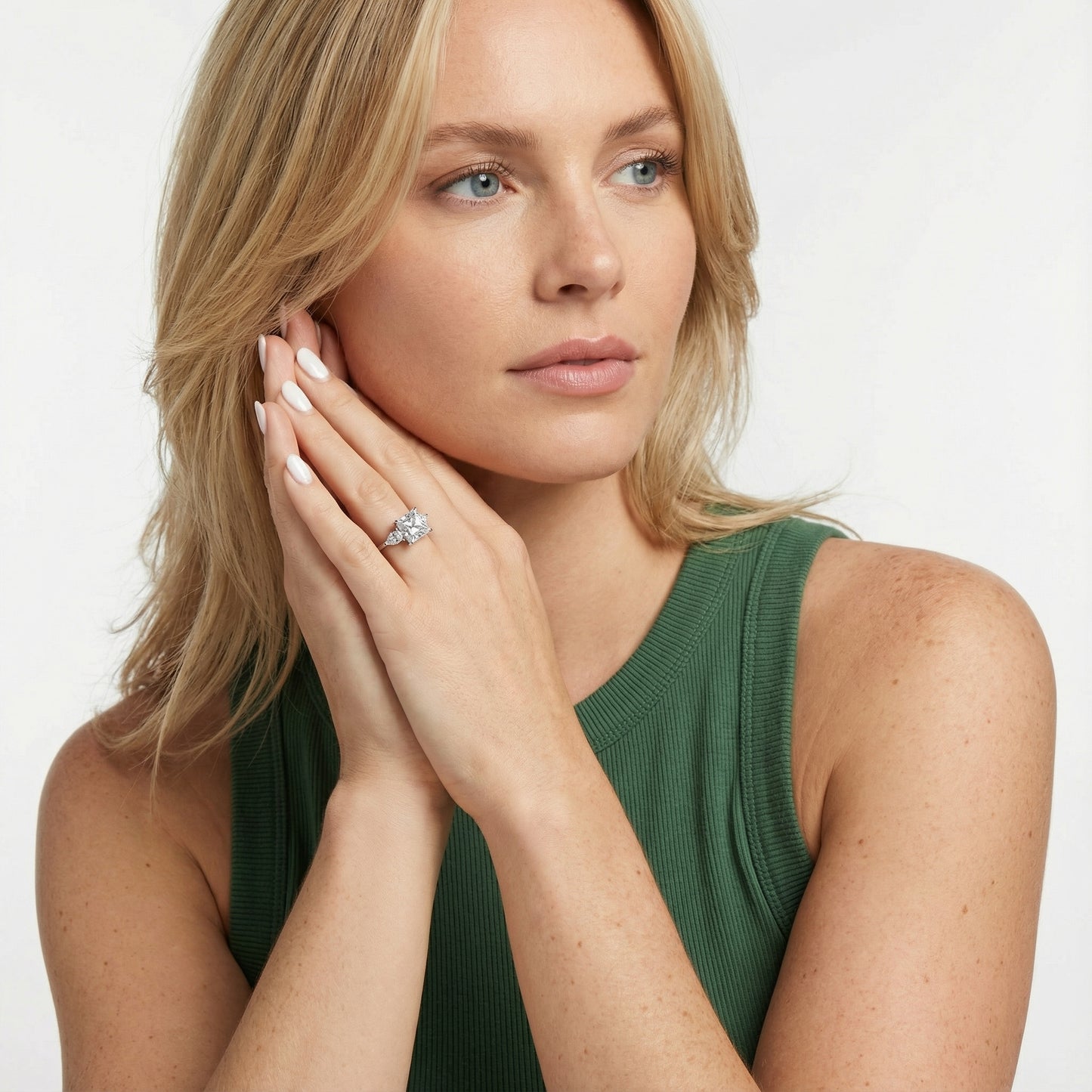 Princess Cut Lab Grown Diamond Three Stone Engagement Ring in Silver with pear side stones