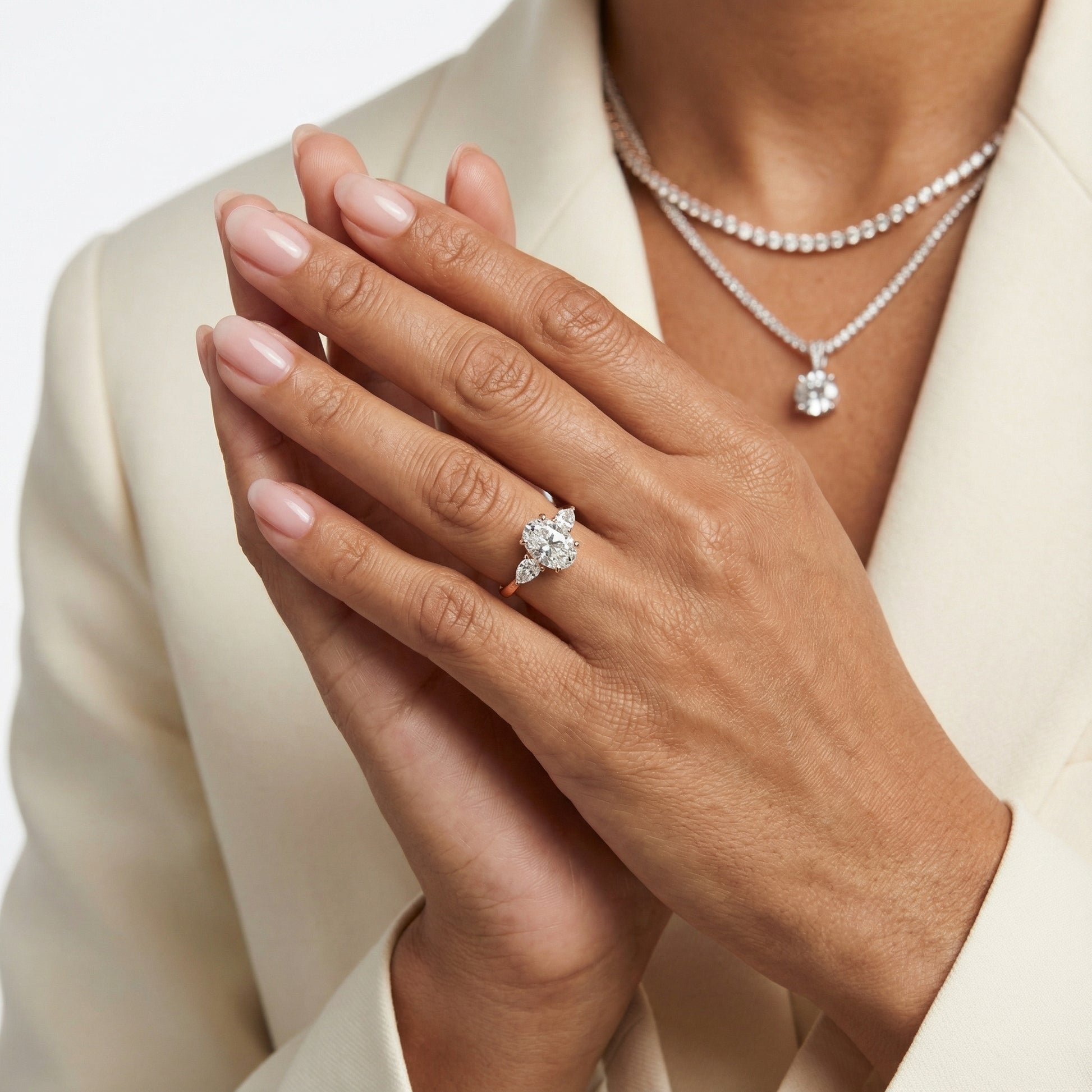 Grace Three Stone Cushion Cut Lab Grown Diamond Engagement Ring in Rose Gold setting