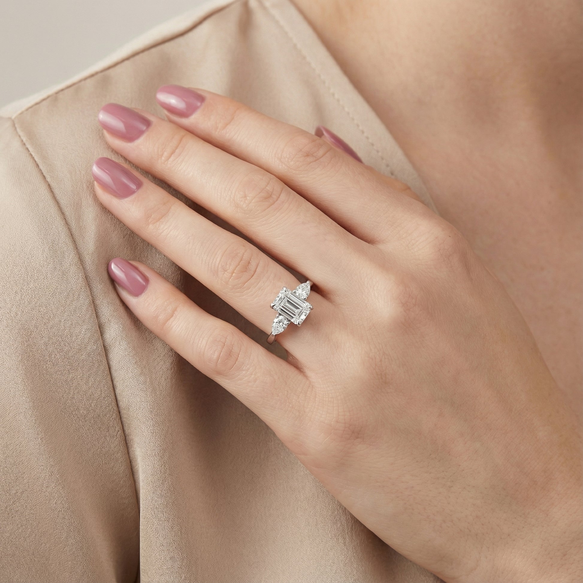 Grace Three Stone Emerald Cut Lab Grown Diamond Engagement Ring set in Platinum